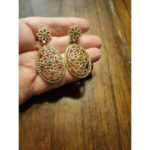 Vintage Signed Monet Floral Gold-Tone Drop Stud Post 2" Earrings Filigree